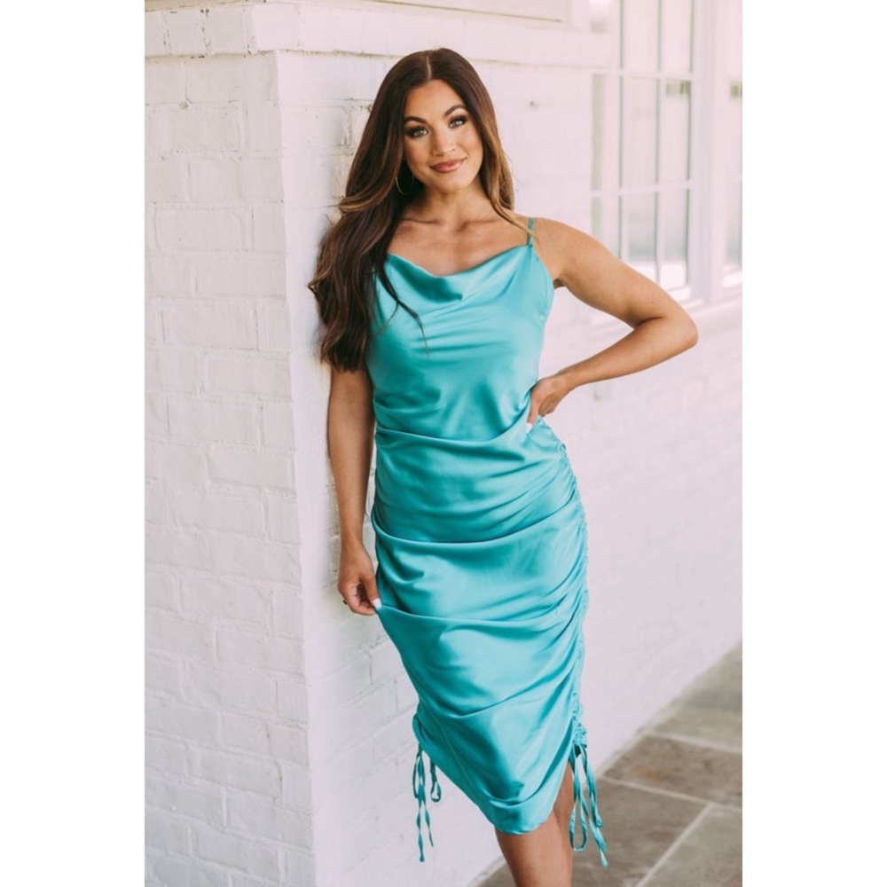 Satin Side Ruched Midi Dress - Teal Green